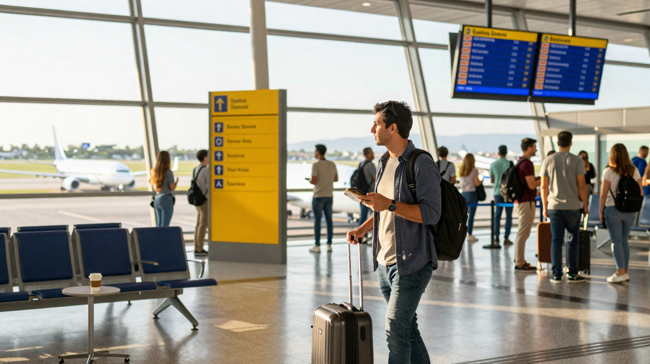 Homem com mochila e mala observando painel de voos em aeroporto movimentado com aviões ao fundo.