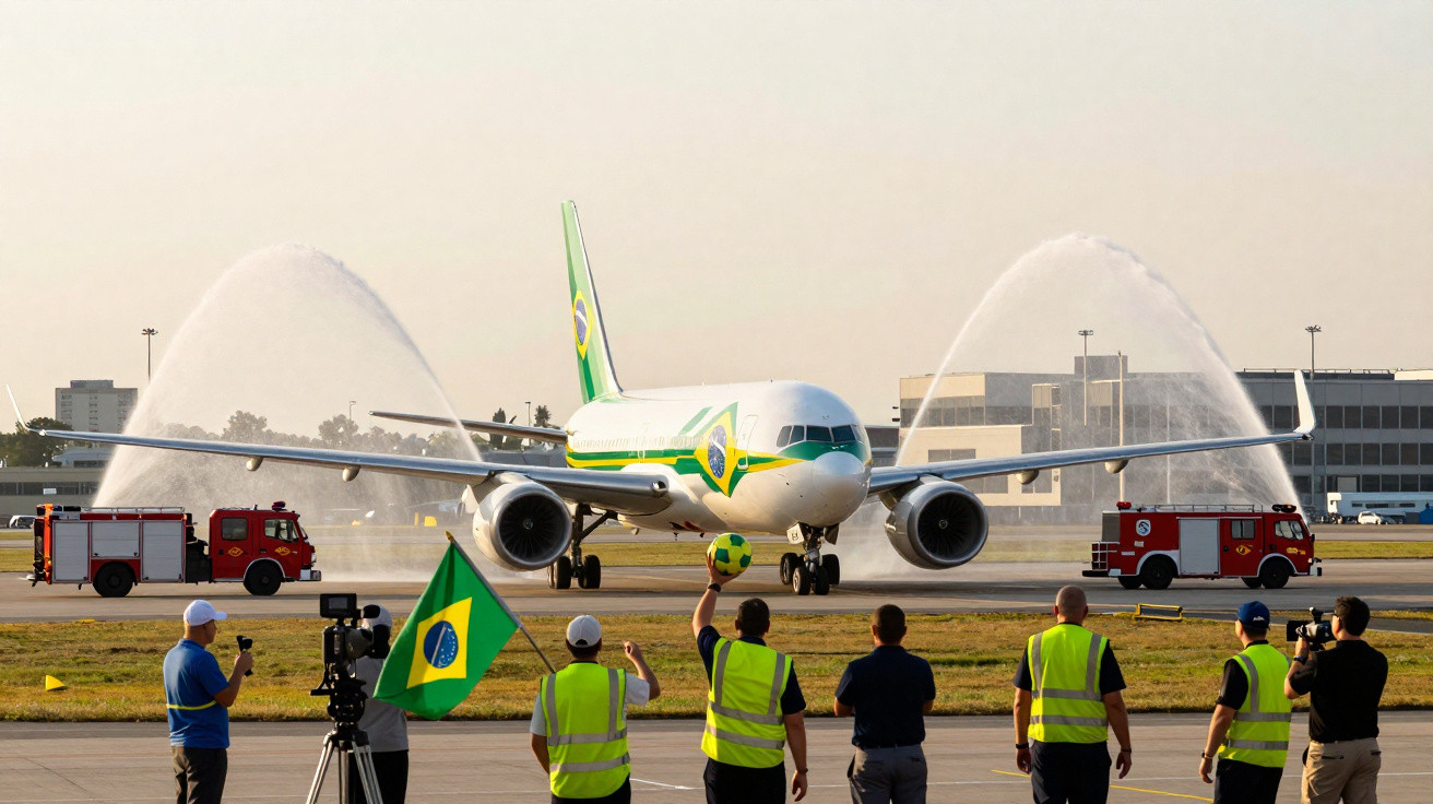 Avião com pintura da bandeira do Brasil recebe saudação de carros de bombeiros em aeroporto com pessoas observando.