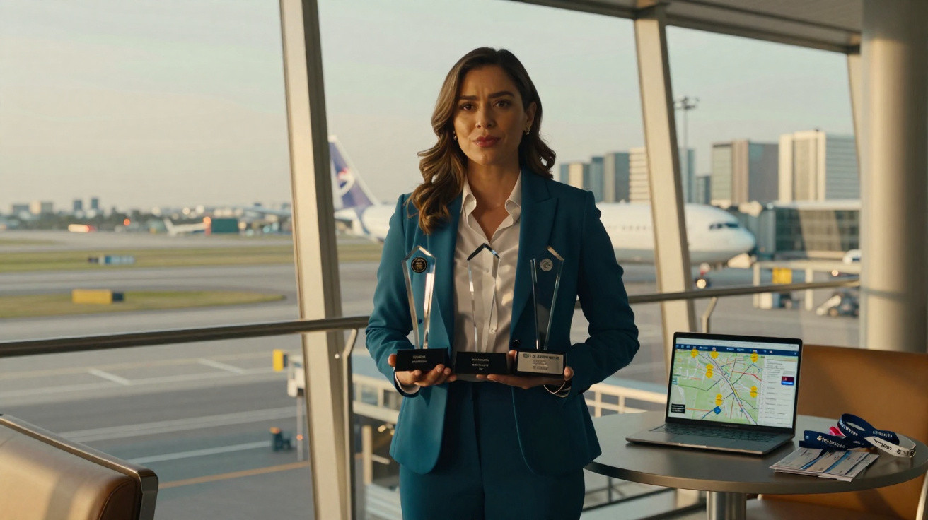 Mulher em terno azul segura troféus em aeroporto com avião e laptop de mapa ao fundo.