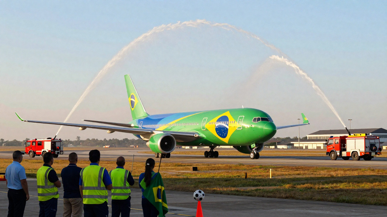 Avião com pintura da bandeira do Brasil recebe batismo de água no aeroporto com espectadores ao fundo.