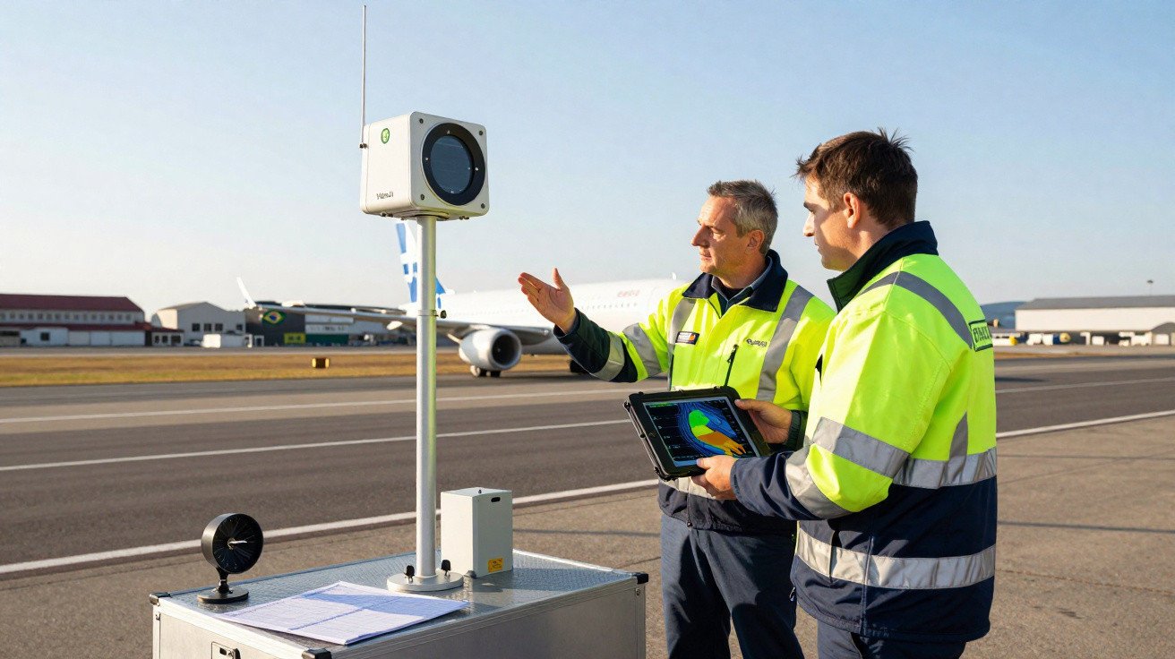 Dois técnicos em jalecos refletivos operam equipamento de monitoramento em pista de aeroporto com avião ao fundo.