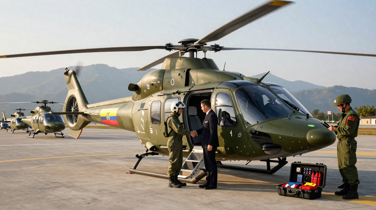 Helicópteros militares verdes em aeroporto, com piloto cumprimentando homem de terno e soldado ao lado.