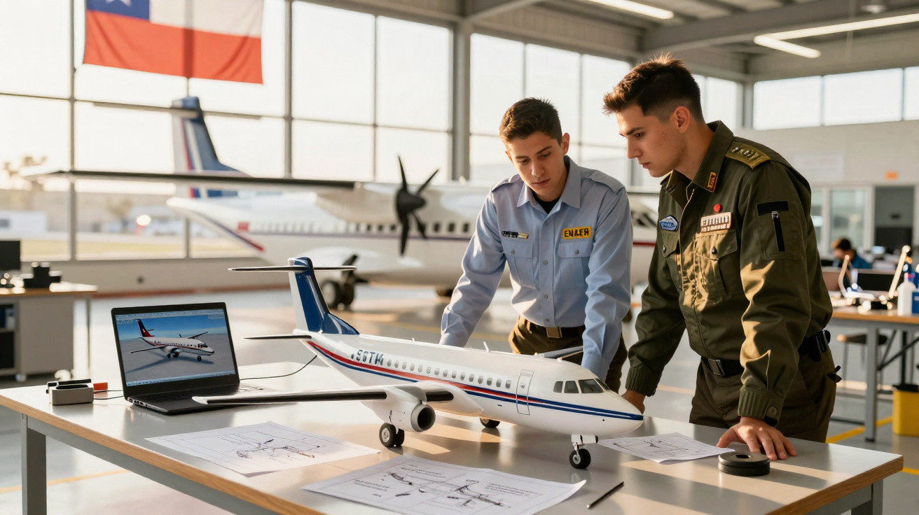 Dois homens em uniforme analisam um modelo de avião e plantas técnicas em uma sala de hangar com aeronaves ao fundo.