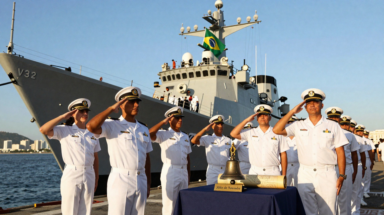 Marinheiros da Marinha do Brasil em cerimônia de saudação diante de navio militar ancorado.