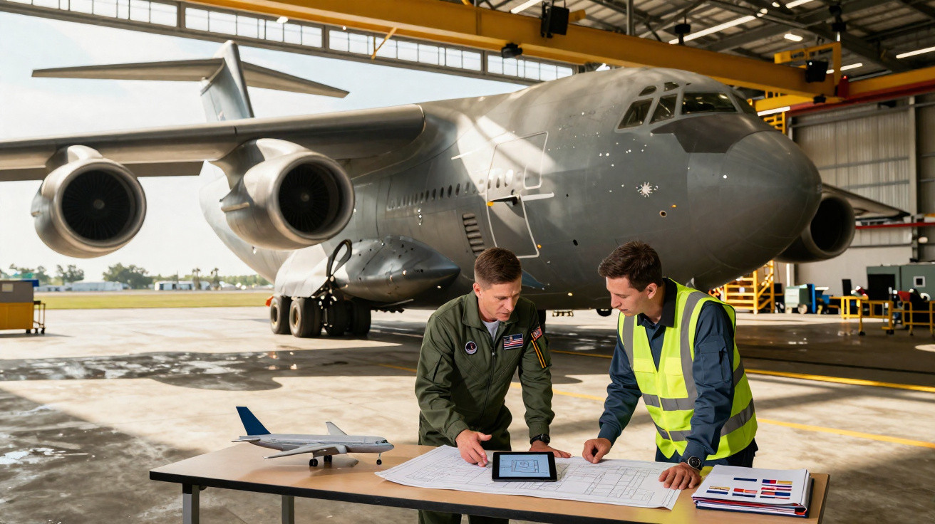 Dois homens em uniforme discutem planos em mesa com avião militar cinza ao fundo em hangar.