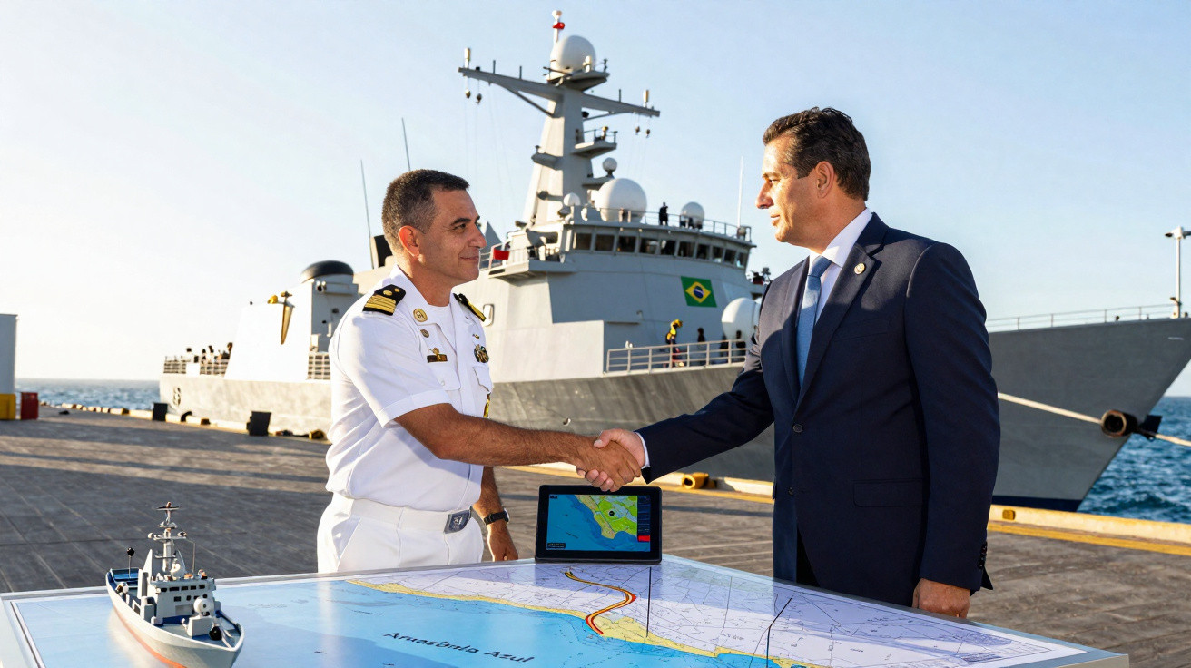 Militar da Marinha e homem de terno apertando mãos em cais com navio de guerra ao fundo e mapa na mesa.