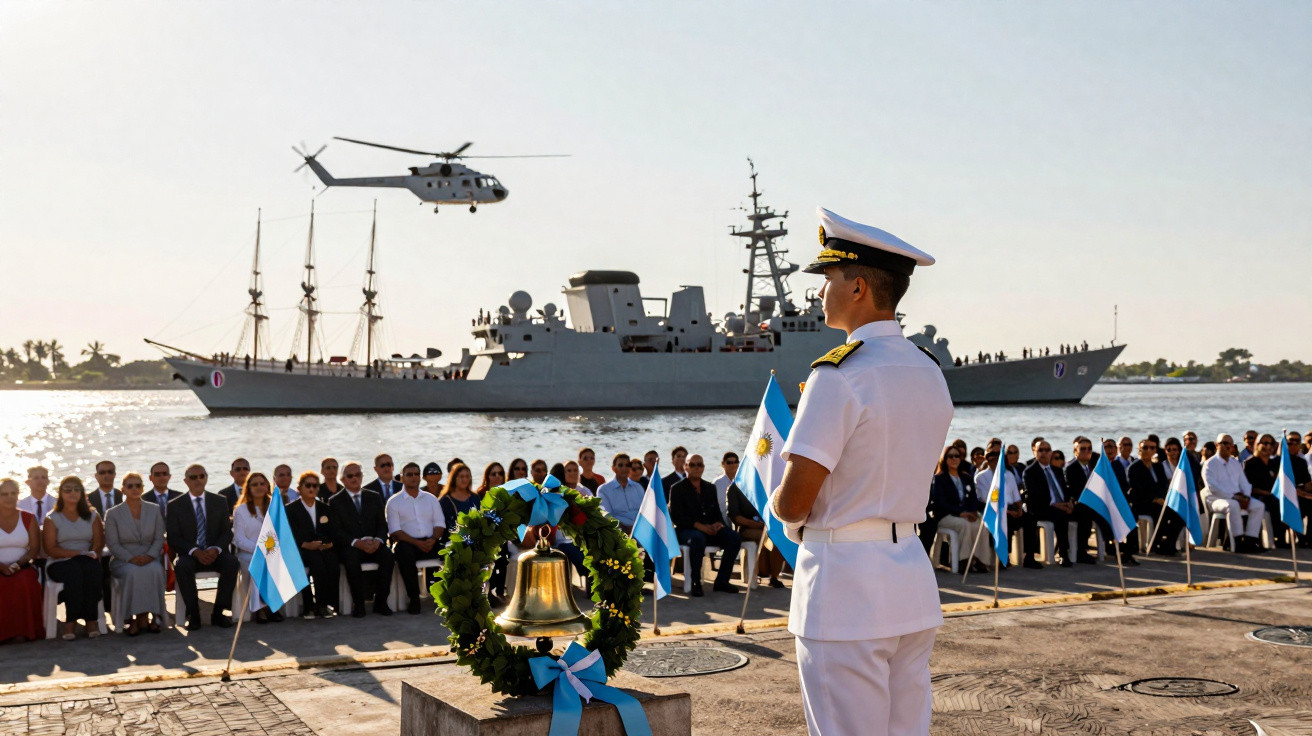 Cerimônia naval argentina com oficial em branco, espectadores, sino com guirlanda e navio de guerra no fundo.