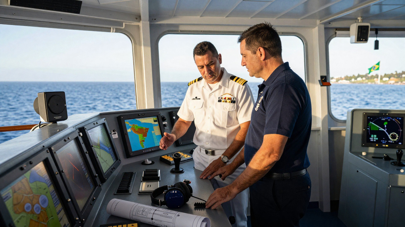 Dois homens analisam equipamentos de navegação em uma embarcação com vista para o mar.