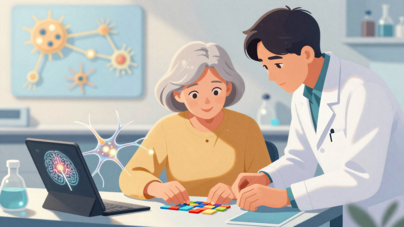 Idosa e médico fazem atividade de reabilitação cognitiva com peças coloridas em consultório.