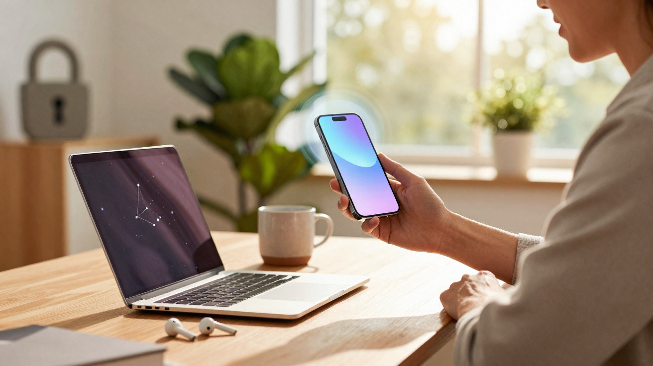 Pessoa segurando smartphone com laptop, fones e xícara em mesa de madeira perto da janela iluminada.