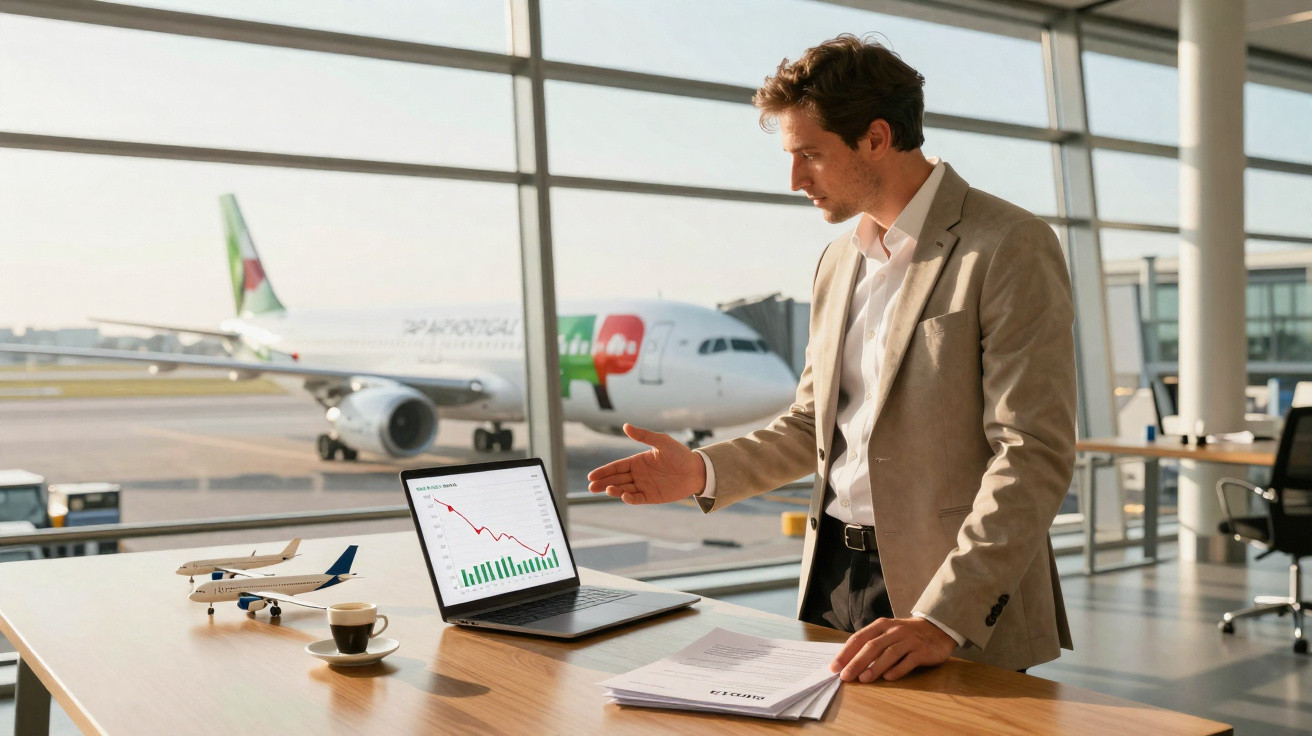 Homem de terno analisando gráfico decrescente em laptop, com avião da TAP ao fundo em aeroporto.