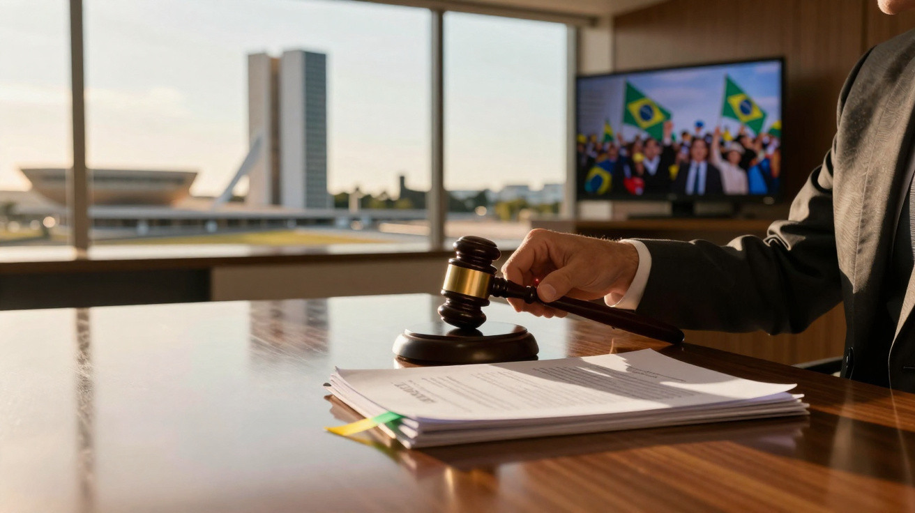 Pessoa segurando um martelo de juiz sobre mesa com documentos, com prédio e bandeiras do Brasil ao fundo.