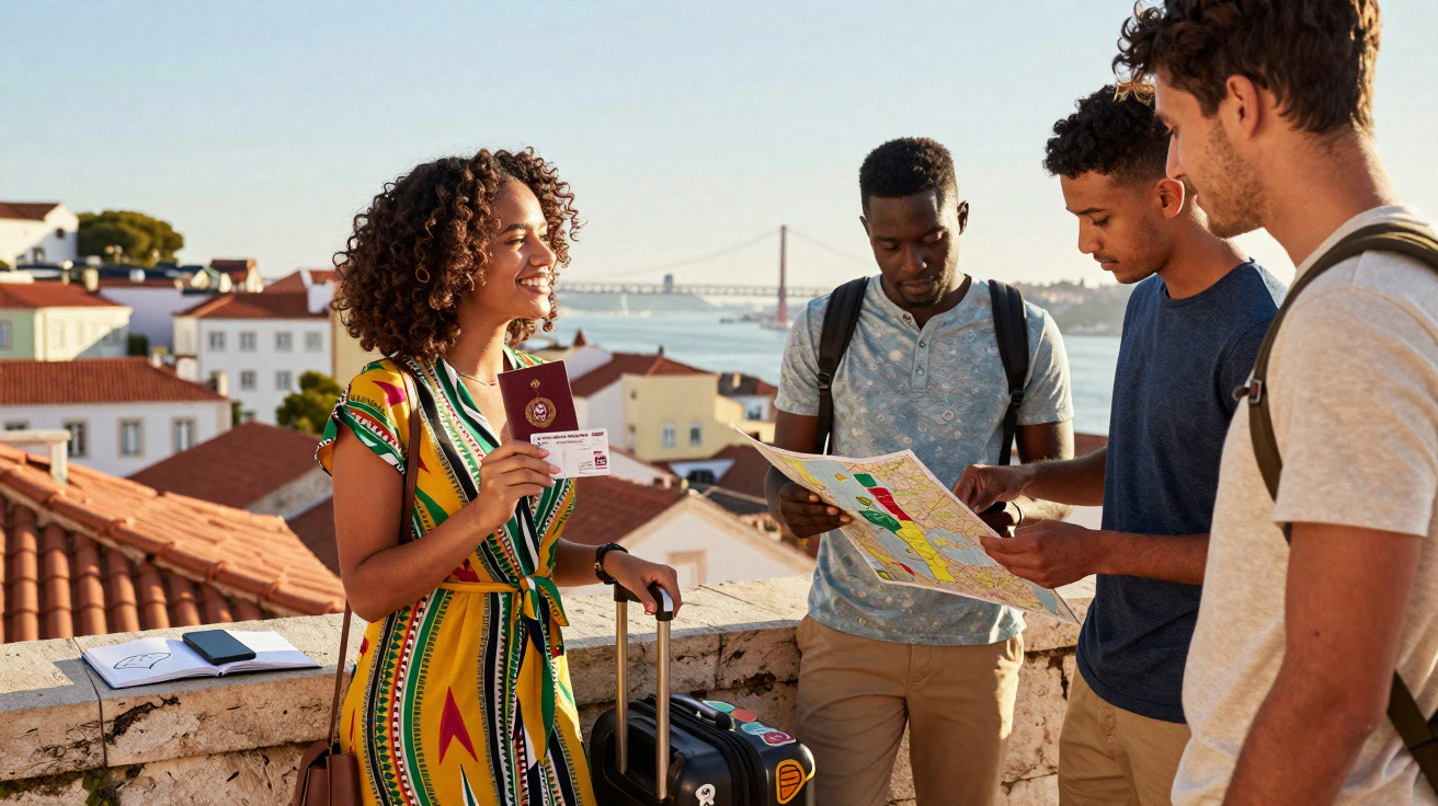 Grupo de turistas jovens consultando mapa em ponto turístico com vista para rio e ponte ao fundo.