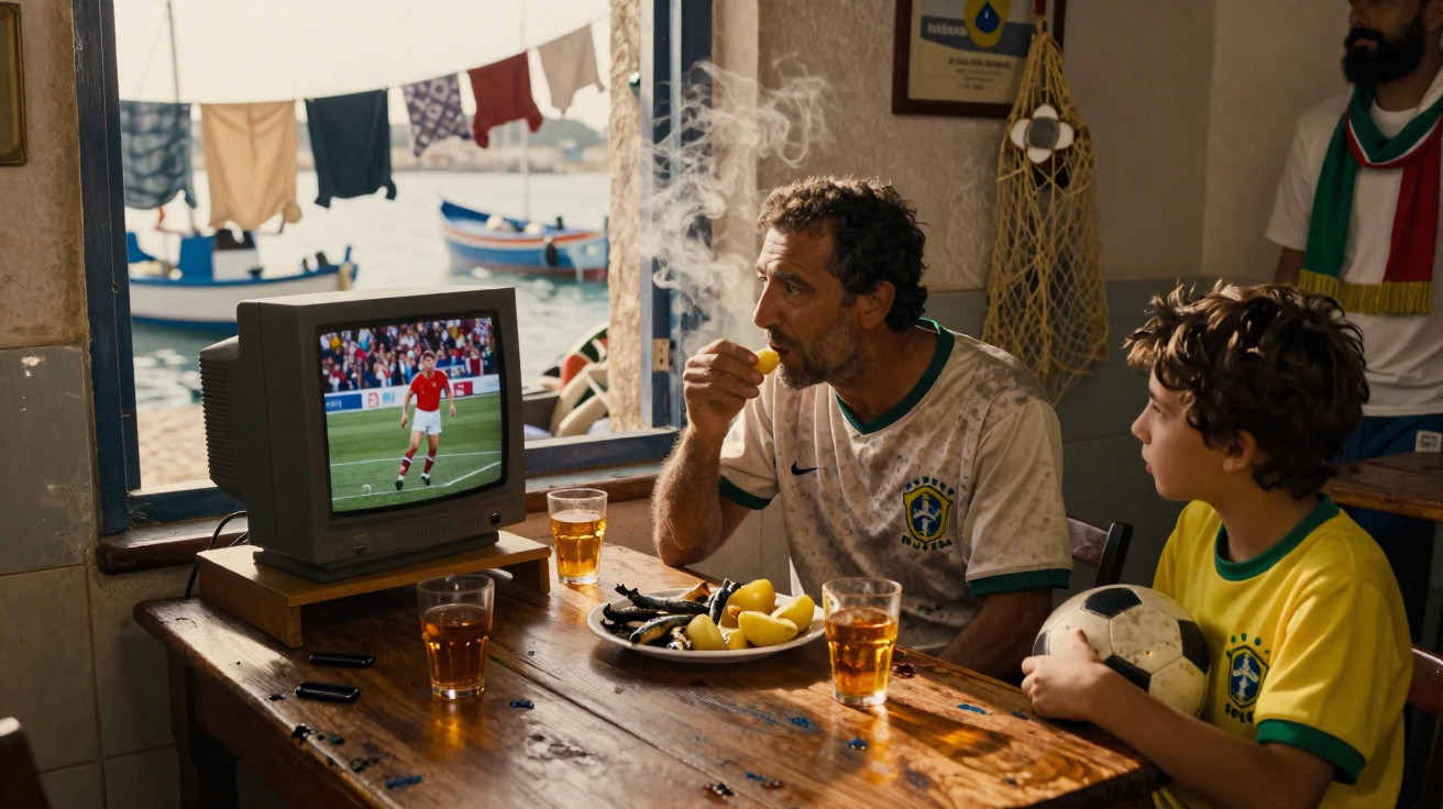 Homem e menino com camisas do Brasil assistem futebol na TV enquanto comem frutos do mar e tomam cerveja.