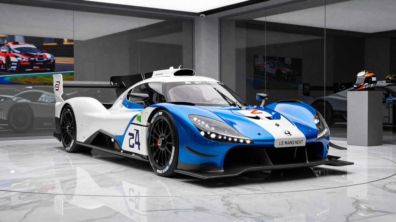 Carro de corrida azul e branco modelo Le Mans Next exposto em ambiente moderno com piso branco.