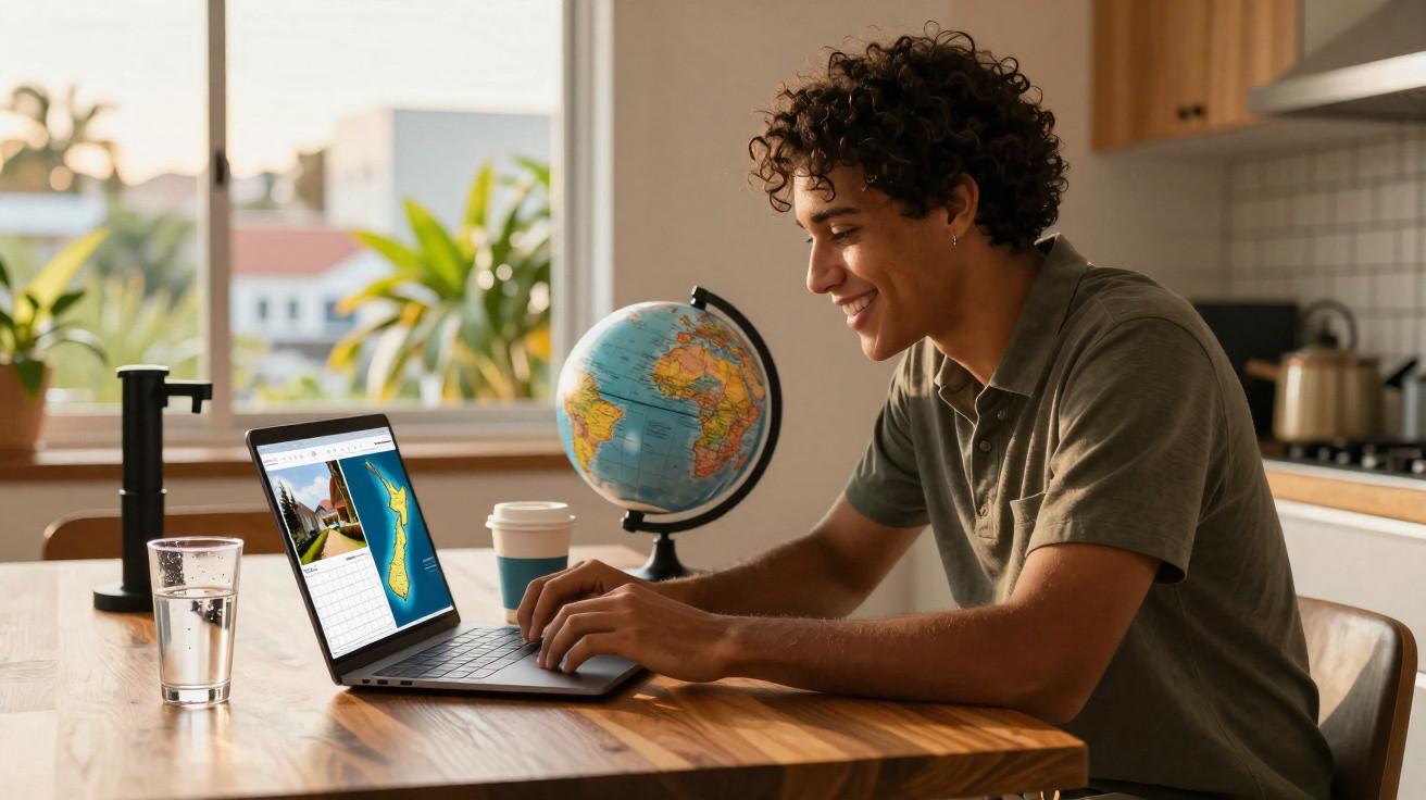Jovem sorridente usando laptop em mesa com globo terrestre e copo d'água em ambiente iluminado.