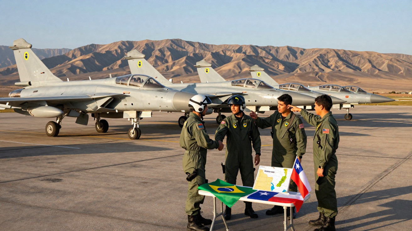 Quatro aviões militares estacionados e quatro pilotos em uniforme cumprimentando-se ao lado de uma mesa com bandeiras do Bras