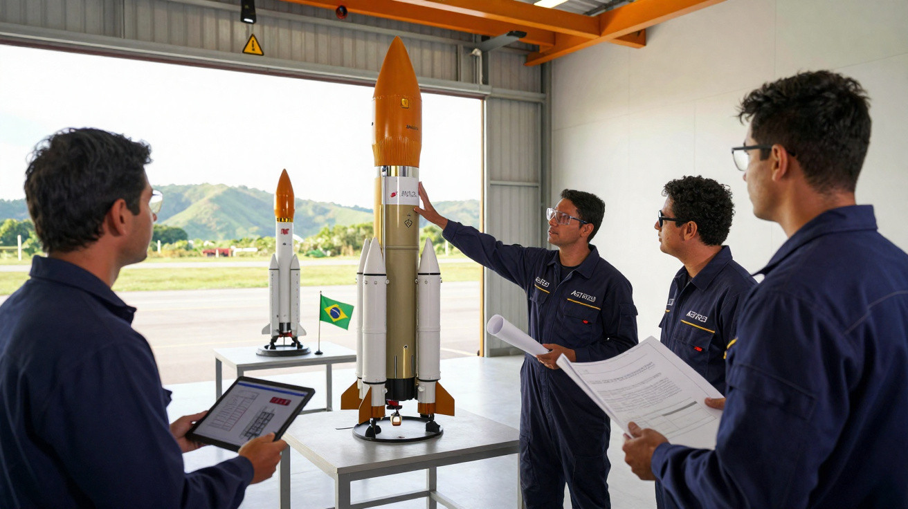 Equipe de engenheiros brasileiros em hangar analisando maquete de foguete com bandeira do Brasil ao fundo.