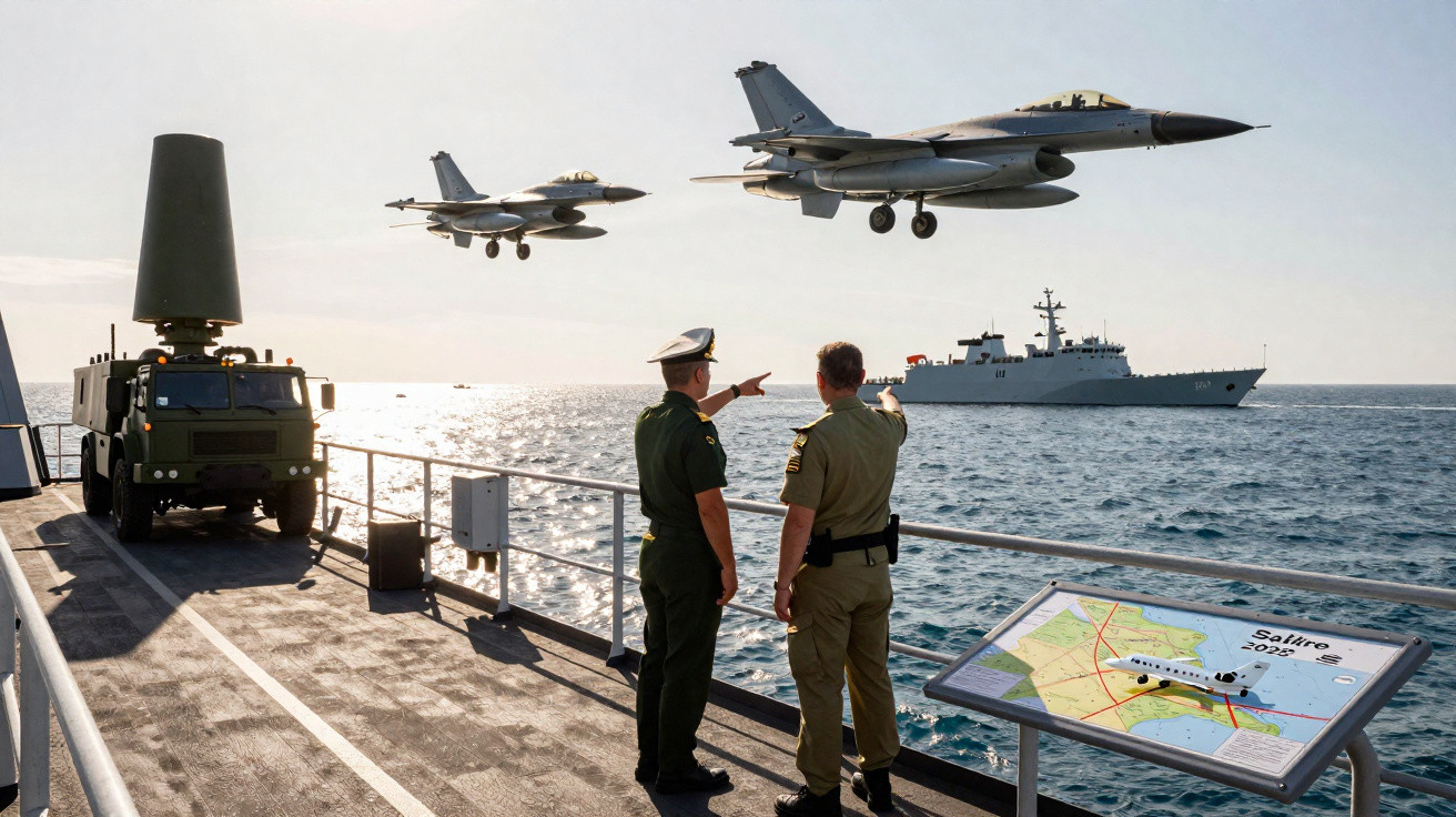 Dois militares observam e apontam para dois caças voando sobre navio de guerra no mar durante o dia.