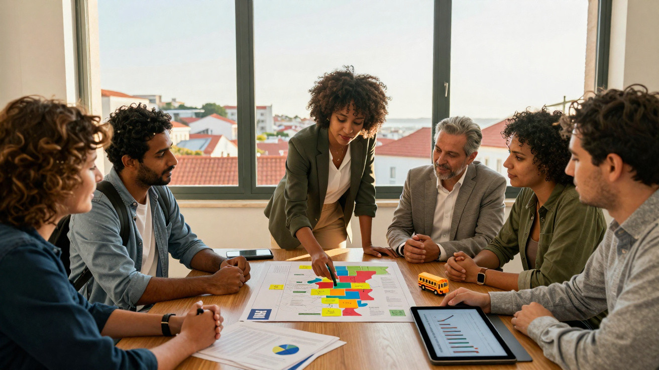 Grupo diversificado de pessoas em reunião de trabalho analisando gráfico colorido na mesa em escritório iluminado.