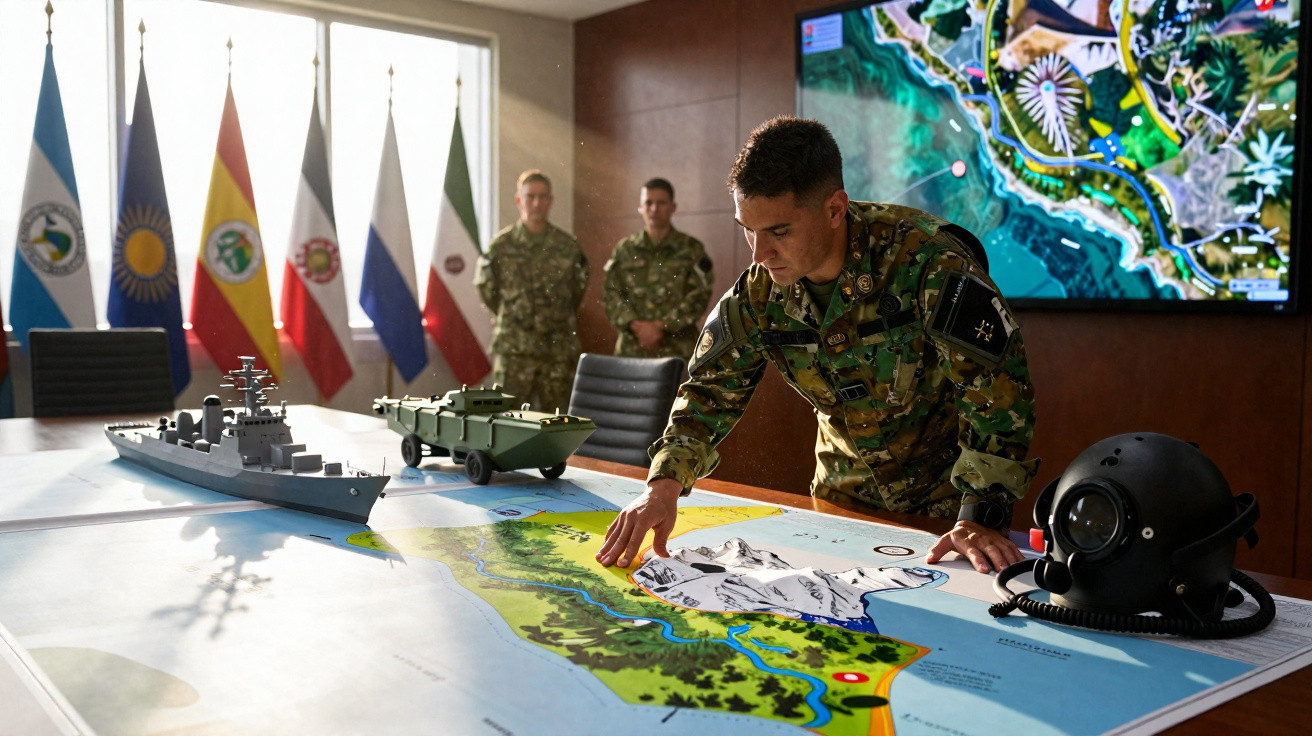 Militar em uniforme camuflado analisando mapa sobre mesa com modelos de embarcação e veículo militar, bandeiras ao fundo.