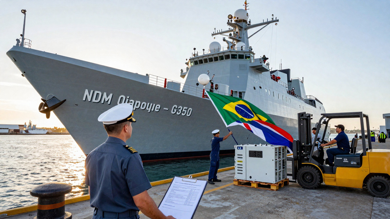 Navio brasileiro NDM Oiapoque G350 atracado, com oficiais e bandeira nacional na doca ao pôr do sol.