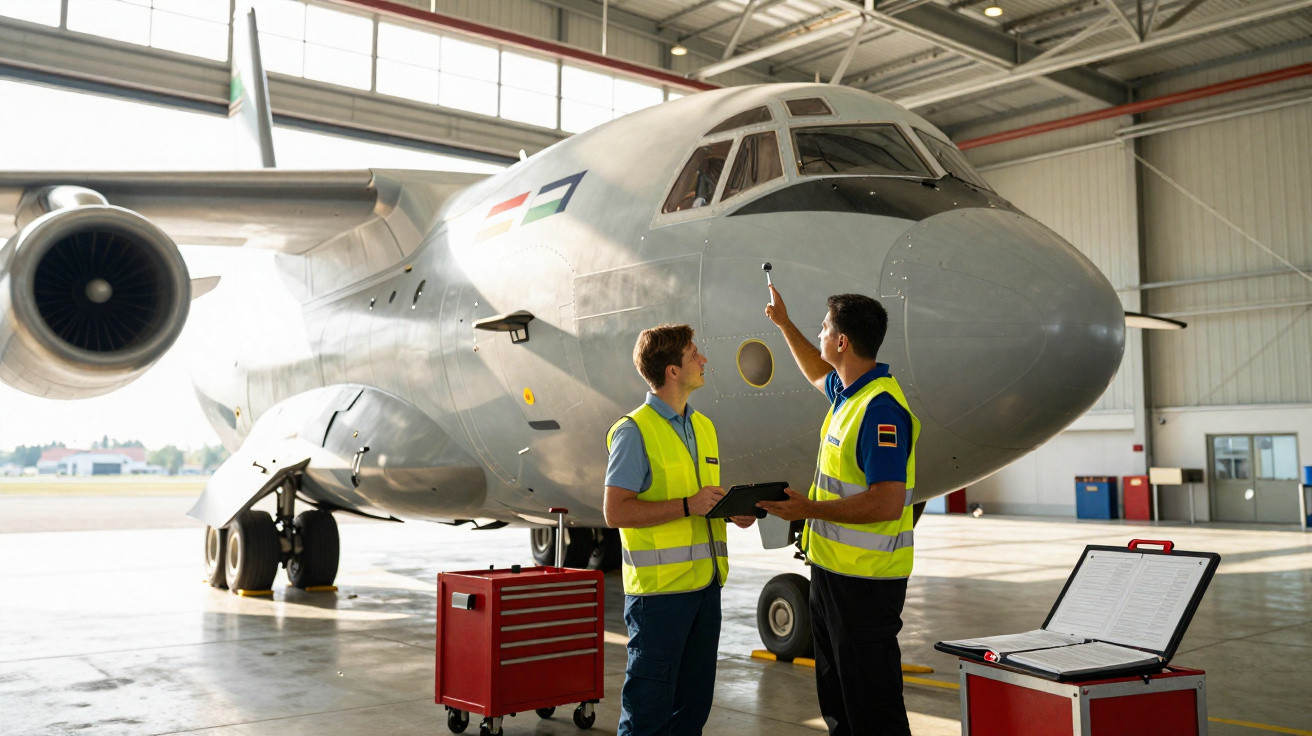 Dois técnicos em colete refletivo inspecionam a parte dianteira de um avião em hangar.