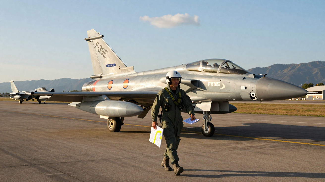 Piloto militar com uniforme e capacete caminha na pista ao lado de caça F-39E em dia ensolarado.