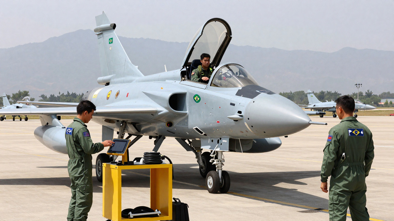 Caça Gripen da Força Aérea Brasileira com pilotos em preparação na pista de aeroporto militar.