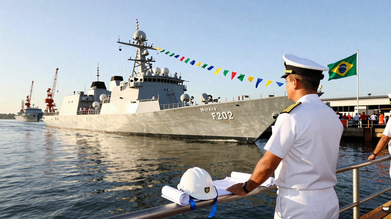 Oficial naval observa o navio brasileiro Niterói F202 atracado durante cerimônia no porto.