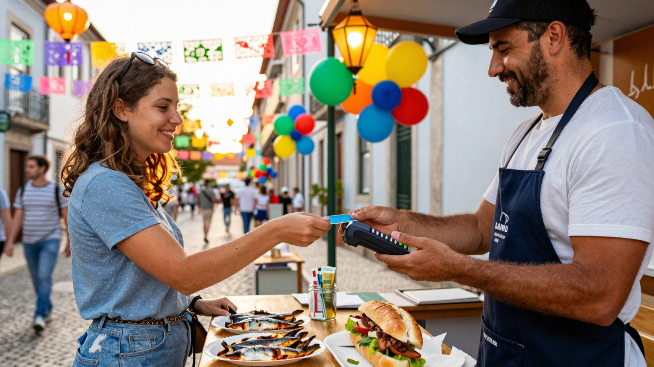Mulher pagando com cartão em barraca de comida ao ar livre em rua decorada com bandeirinhas coloridas.