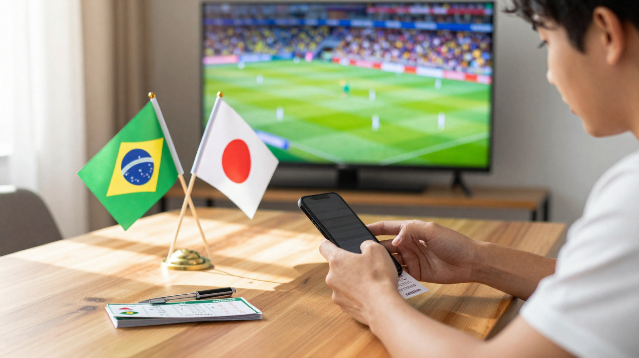 Pessoa segurando celular e bilhete, assistindo a jogo de futebol entre Brasil e Japão na TV.