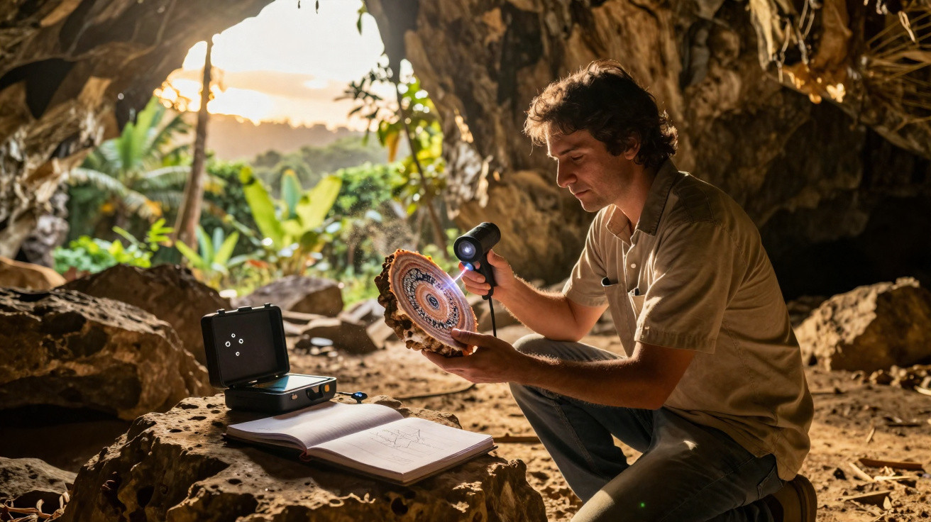 Homem examinando artefato com luz em caverna, com livro aberto e natureza ao fundo.