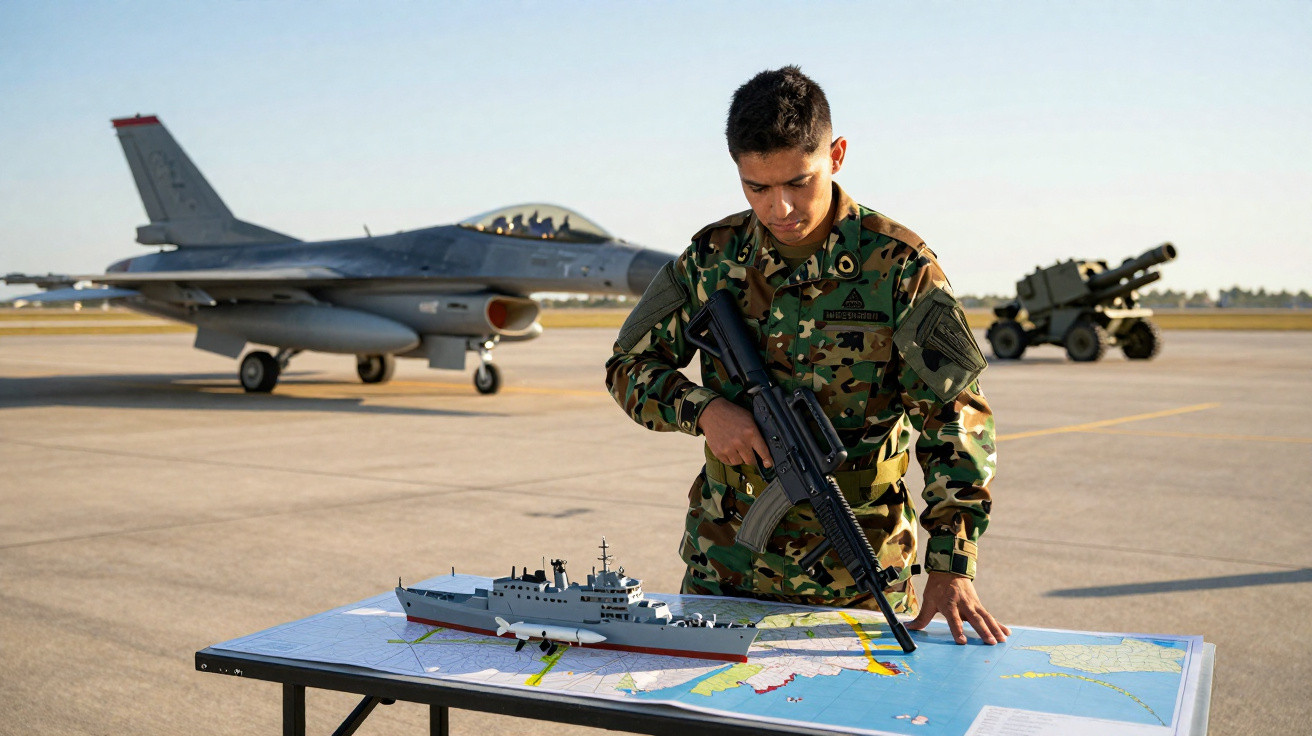Militar em uniforme camuflado com fuzil consulta mapa tático com modelo de navio, avião e canhão ao fundo.