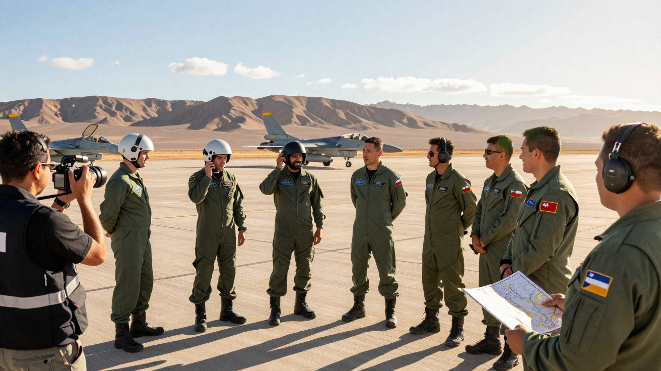 Grupo de pilotos militares em uniforme verde em pista de decolagem com jatos e montanhas ao fundo.