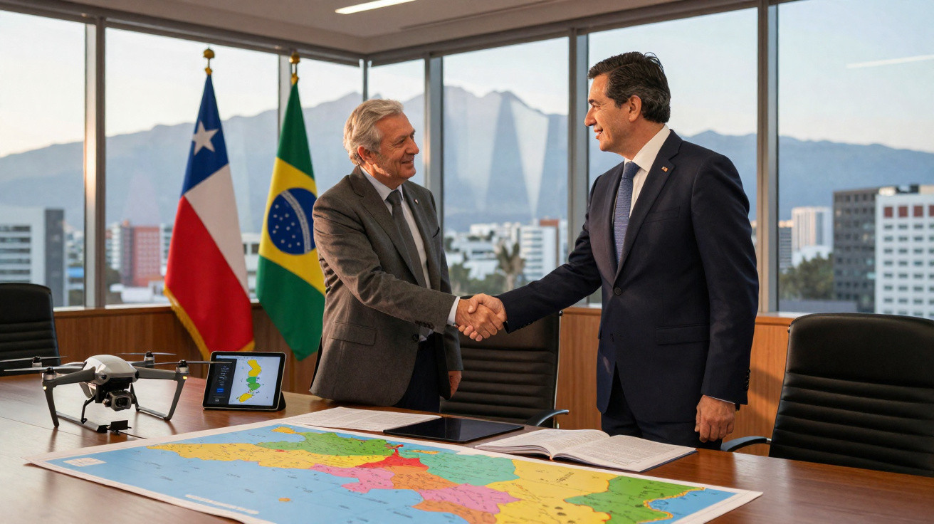 Dois homens de terno se cumprimentam em escritório com bandeiras do Chile e Brasil, mapa e drone na mesa.