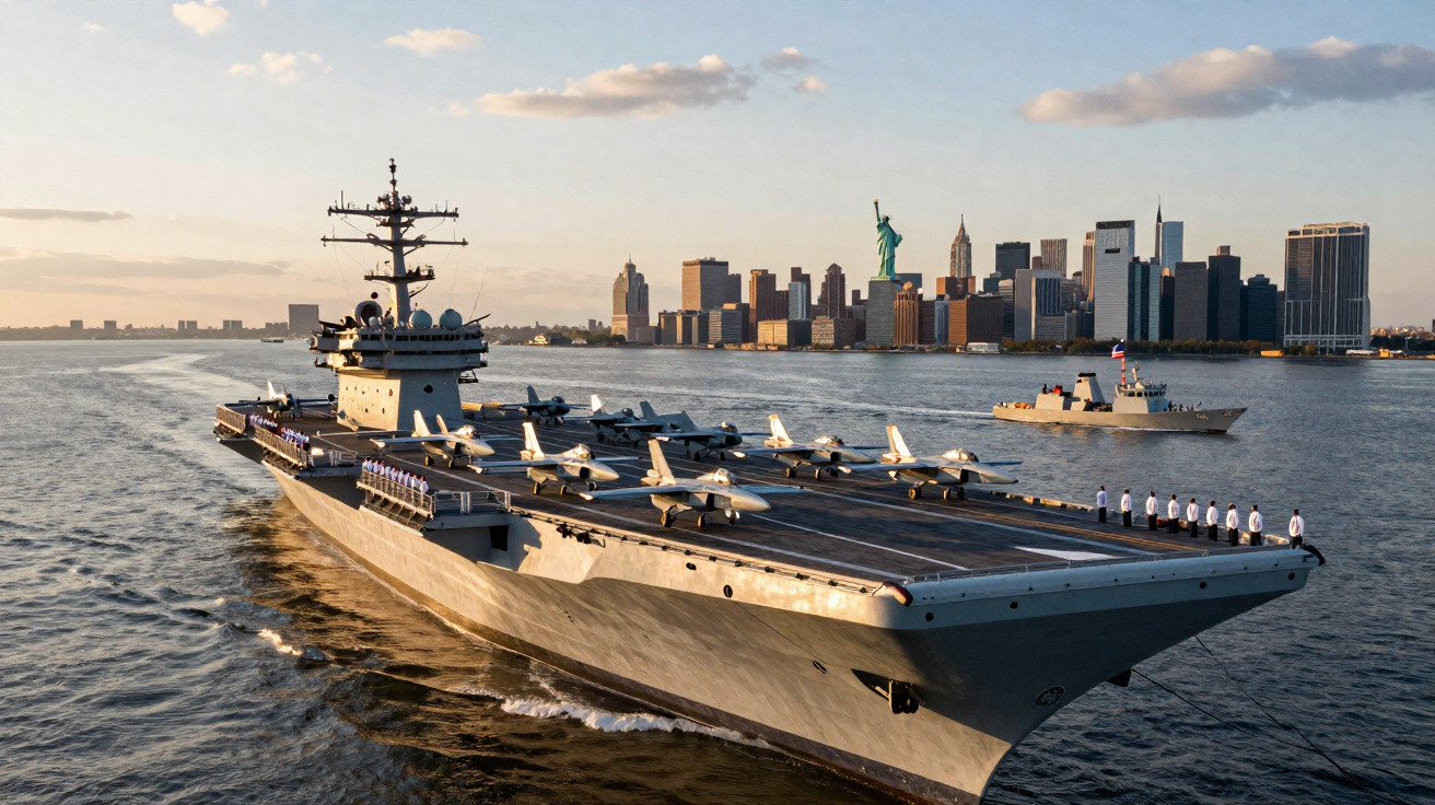 Porta-aviões militar com aviões a bordo navegando perto da Estátua da Liberdade e horizonte de Nova York ao pôr do sol.