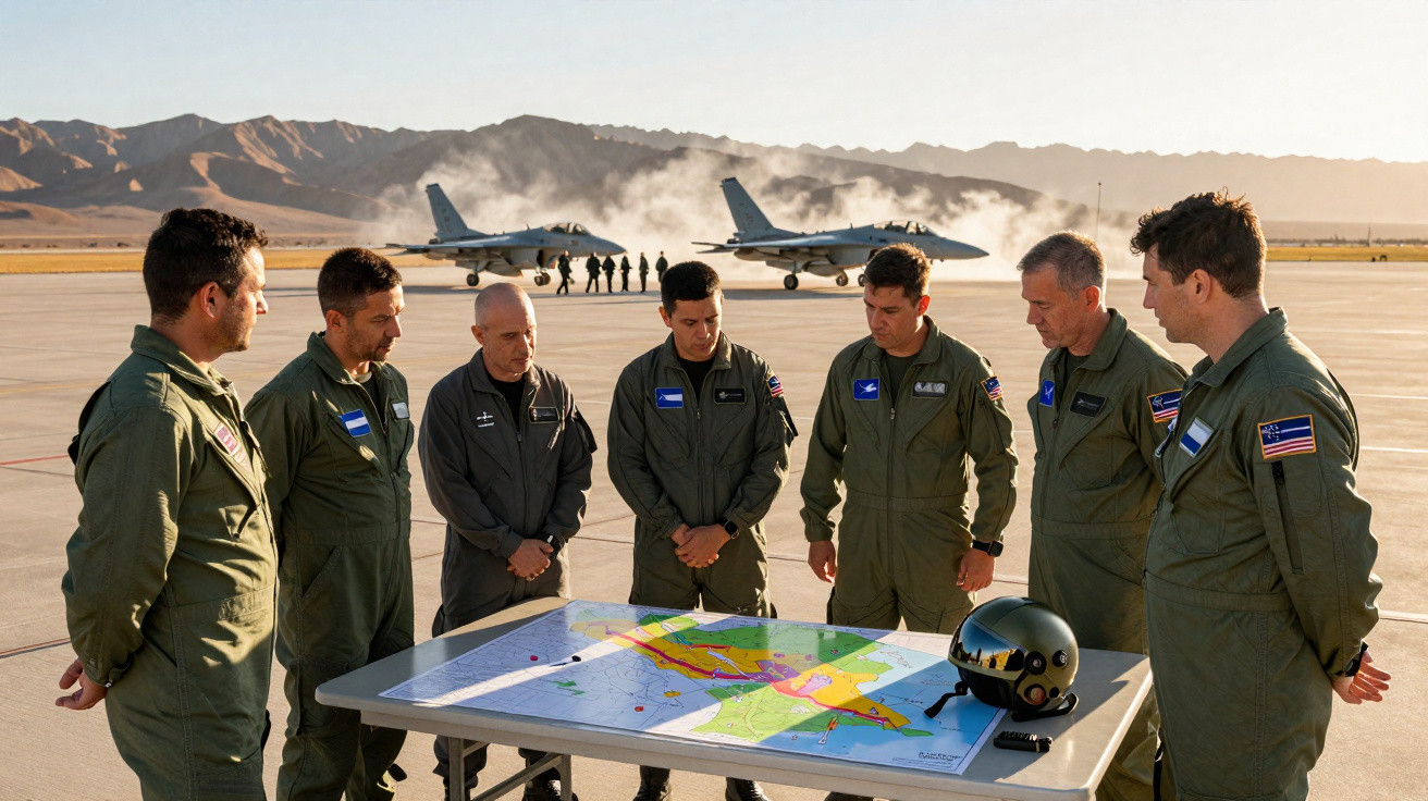Pilotos militares em uniforme reunidos ao redor de uma mesa com mapa em base aérea, com aviões e montanhas ao fundo.