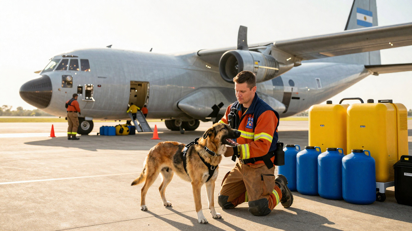 Militar agachado ao lado de cachorro de resgate em frente a avião militar argentino com barris e equipamentos.