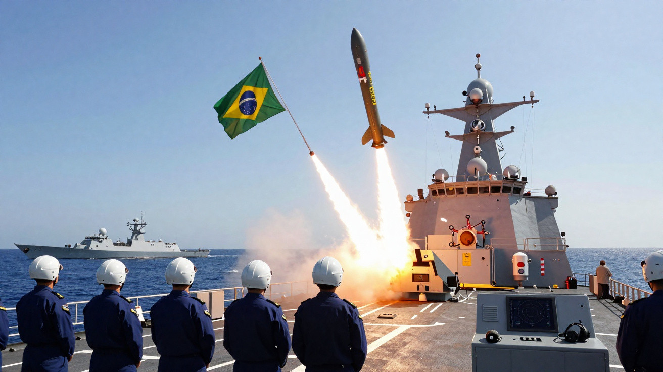 Militares em navio brasileiro observam lançamento de míssil com bandeira do Brasil na água.
