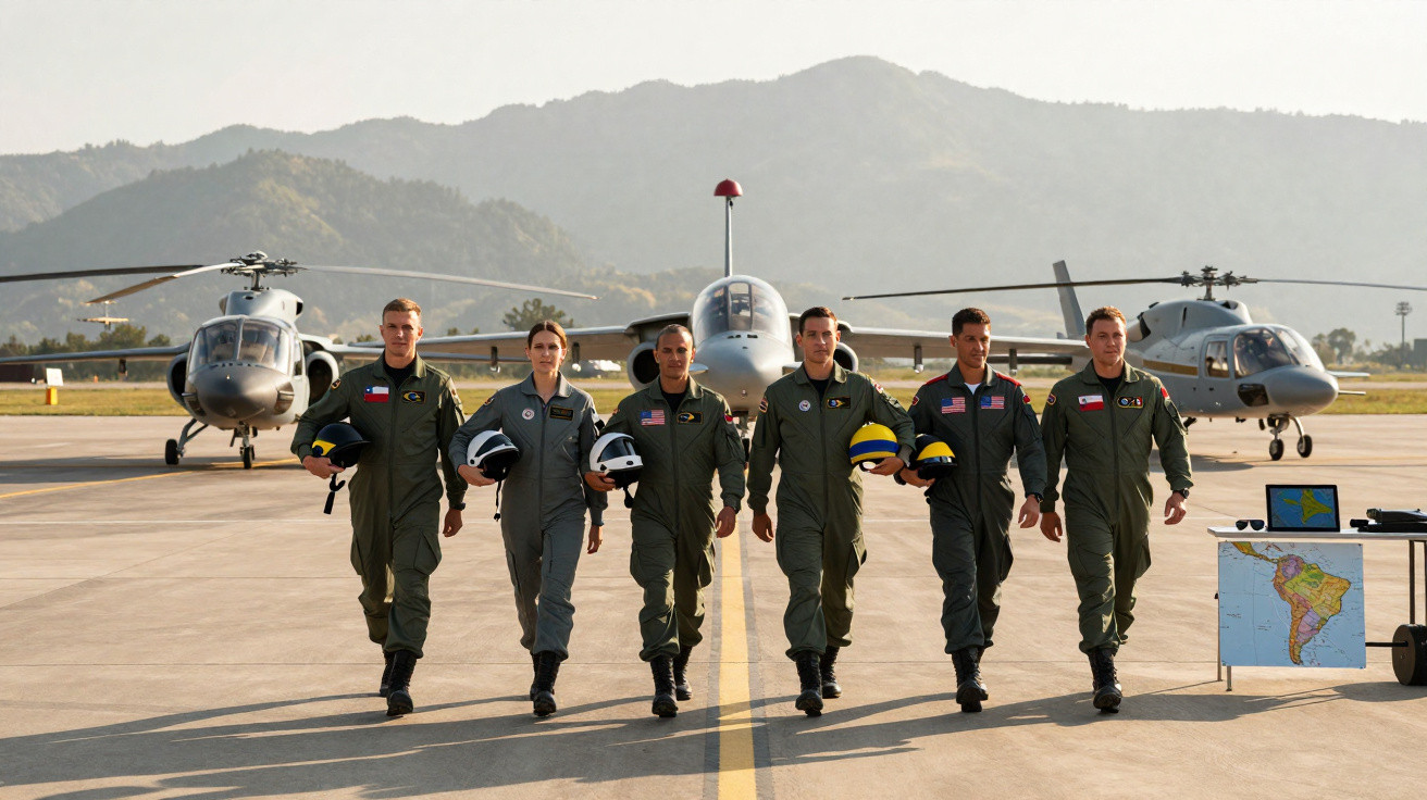Seis pilotos militares caminhando na pista com dois helicópteros e um jato ao fundo, em ambiente montanhoso.