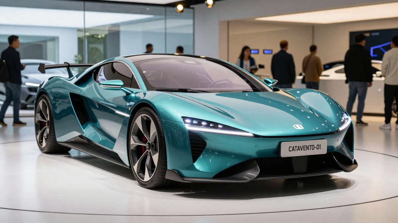 Carro esportivo azul metálico Catavento-01 exposto em salão automotivo com pessoas ao fundo.