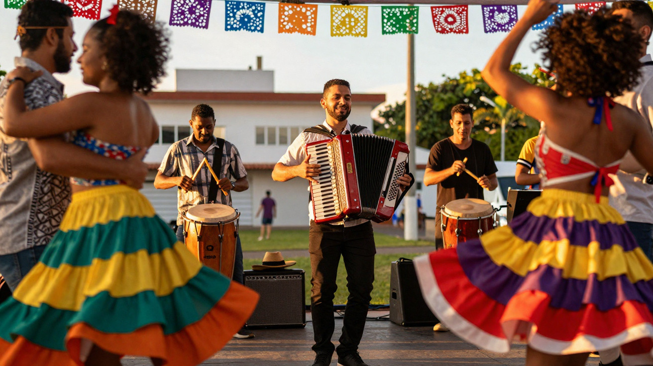 Grupo tocando sanfona e tambores enquanto casais dançam com roupas coloridas em festa ao ar livre decorada.