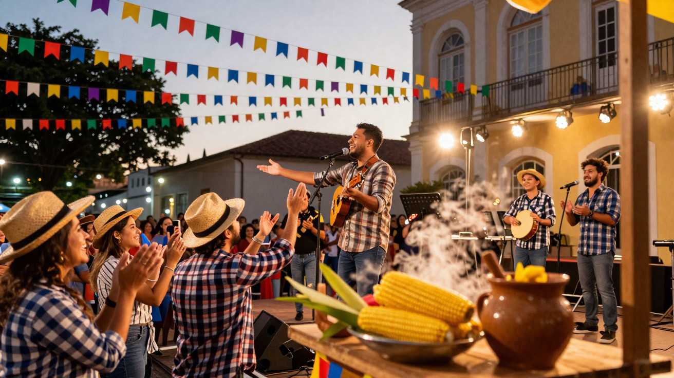Pessoas com chapéus de palha celebrando festa junina com música ao vivo, decoração colorida e milho na mesa.