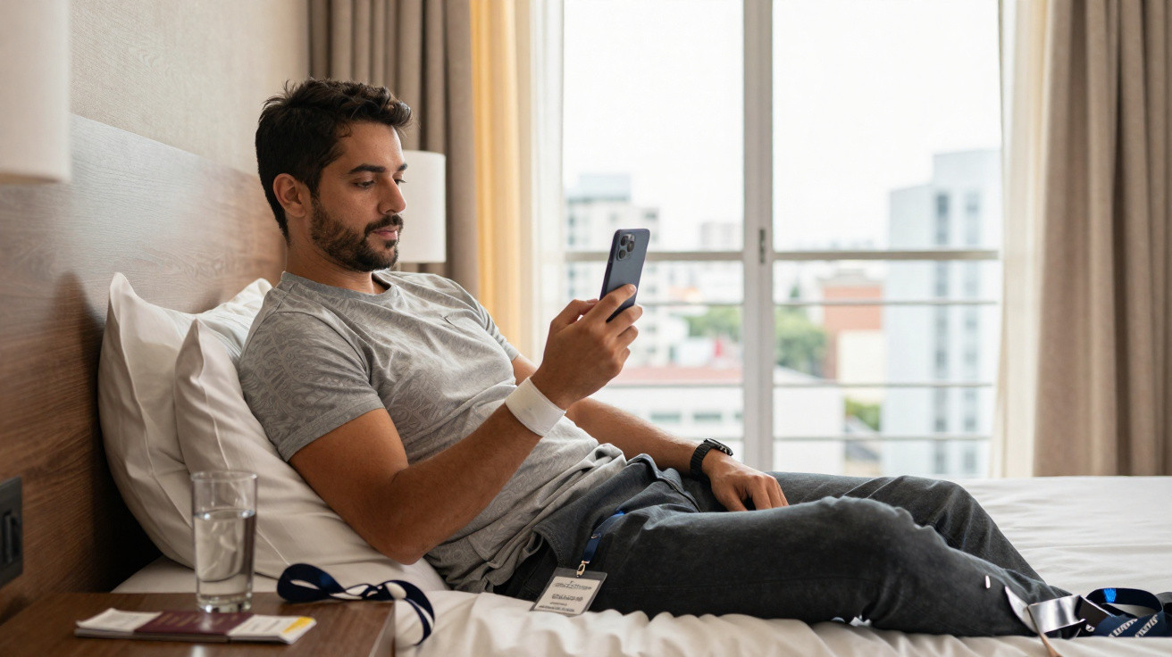 Homem sentado na cama de hotel olhando para o celular em ambiente iluminado e urbano.