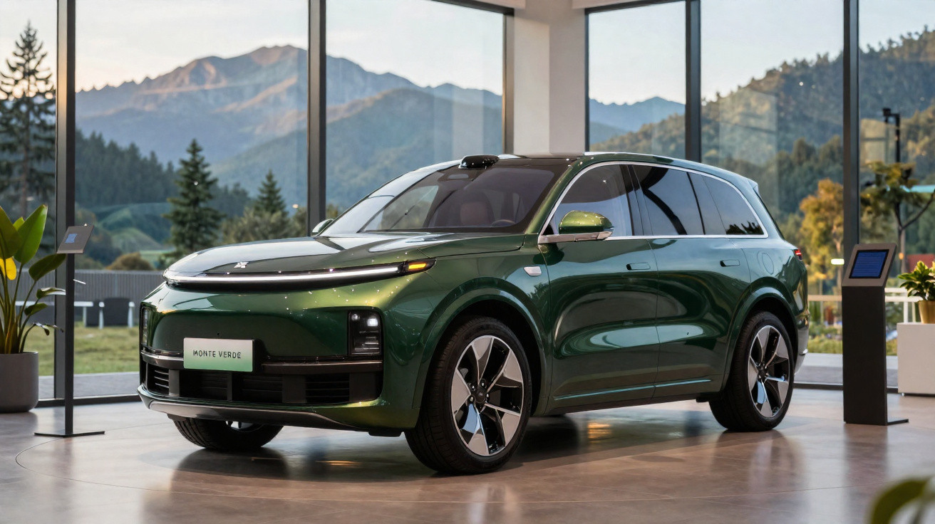 Carro SUV verde fosco em exibição dentro de showroom com grandes janelas e vista para montanhas ao fundo.