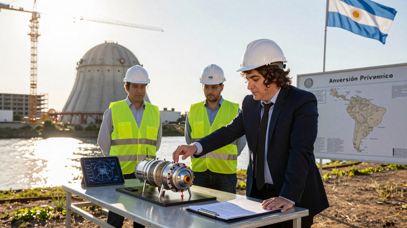 Equipe de engenheiros com capacete e colete refletivo analisando modelo de turbina perto de usina, bandeira da Argentina ao f