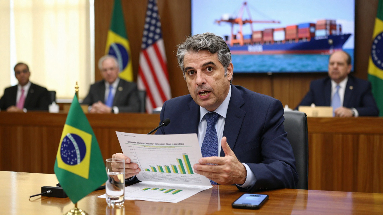 Homem em terno fala segurando gráficos em reunião com bandeiras do Brasil e EUA ao fundo.