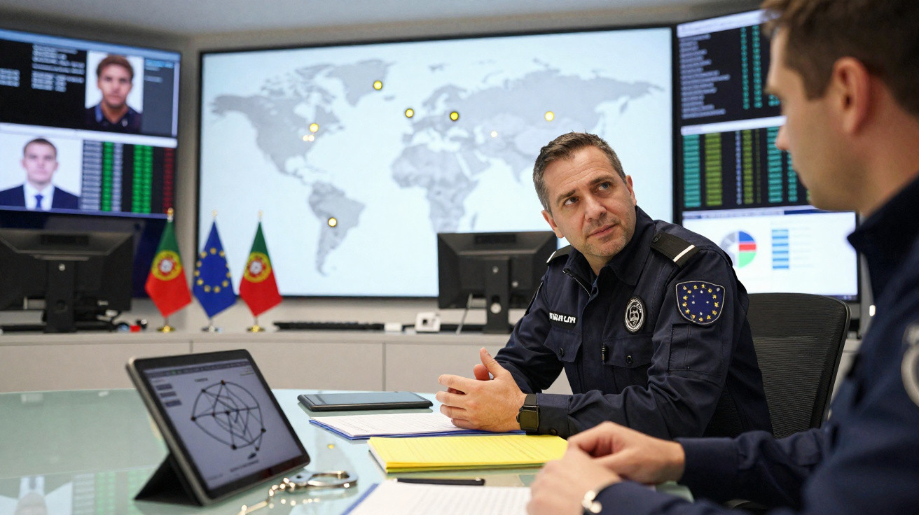 Dois policiais em reunião com mapas e dados em telas digitais ao fundo, indicando um centro de comando.