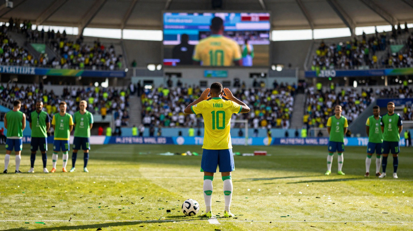 Jogador de futebol brasileiro com a camisa 10 posiciona a bola para cobrança de falta em estádio com público.